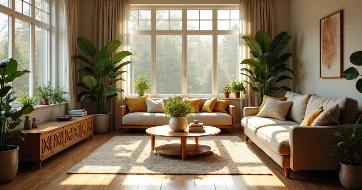 Sala residencial com iluminação natural, plantas e texturas variadas 