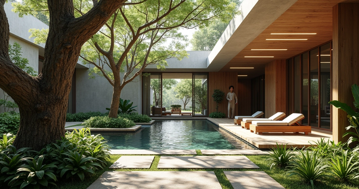 Área de spa urbano com natureza integrada à arquitetura moderna 