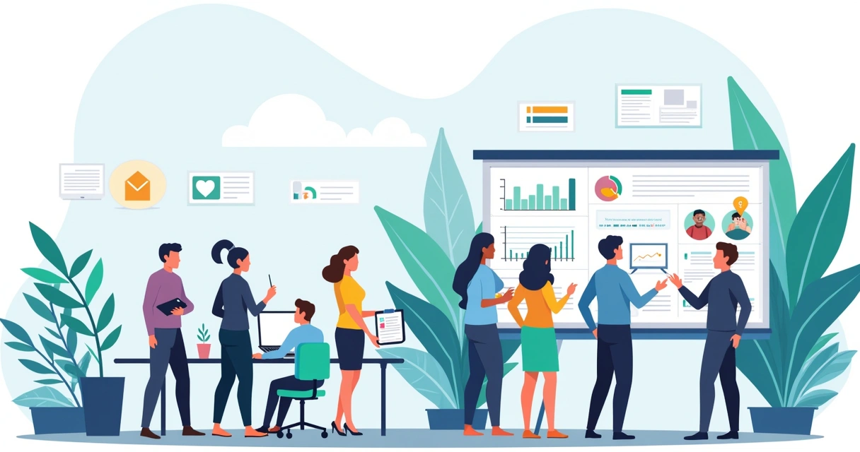 Ambiente de negócios dinâmico com equipe analisando leads qualificados em uma tela digital interativa.