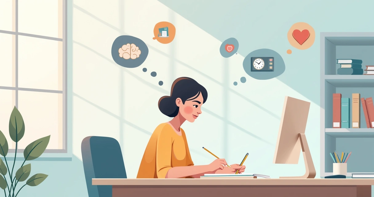 Ambiente de escritório tranquilo mostrando uma pessoa concentrada em tarefas, com símbolos de memória e atenção ao redor.