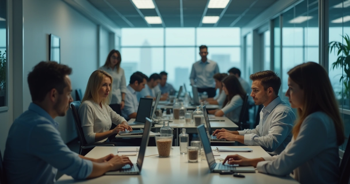 Ambiente de oficina con tensión entre empleados y expresiones de incomodidad