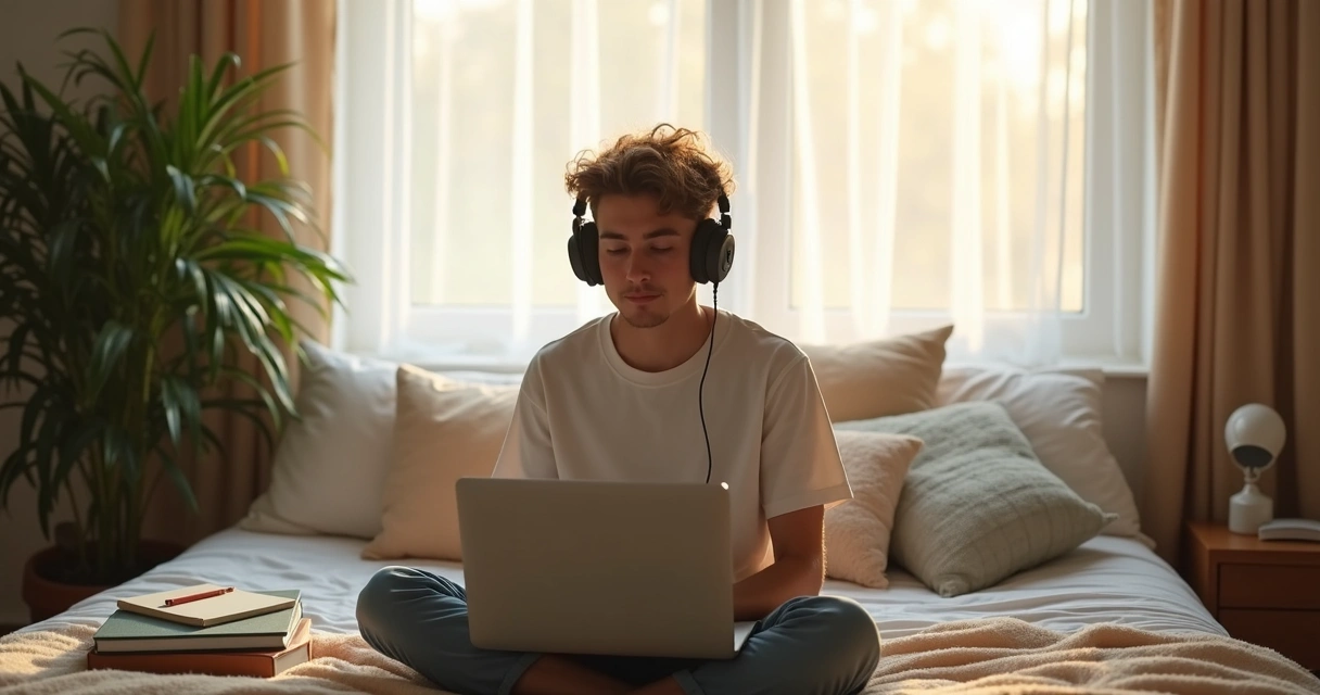Pessoa confortável usando notebook e fone de ouvido em ambiente tranquilo 