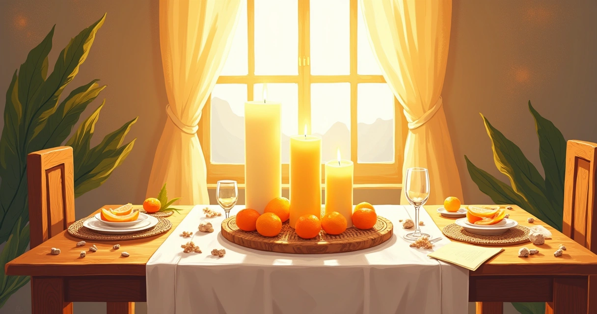 Ambiente sereno com mesa de madeira, velas, cartas de oráculo, caderno e xícara de chá.