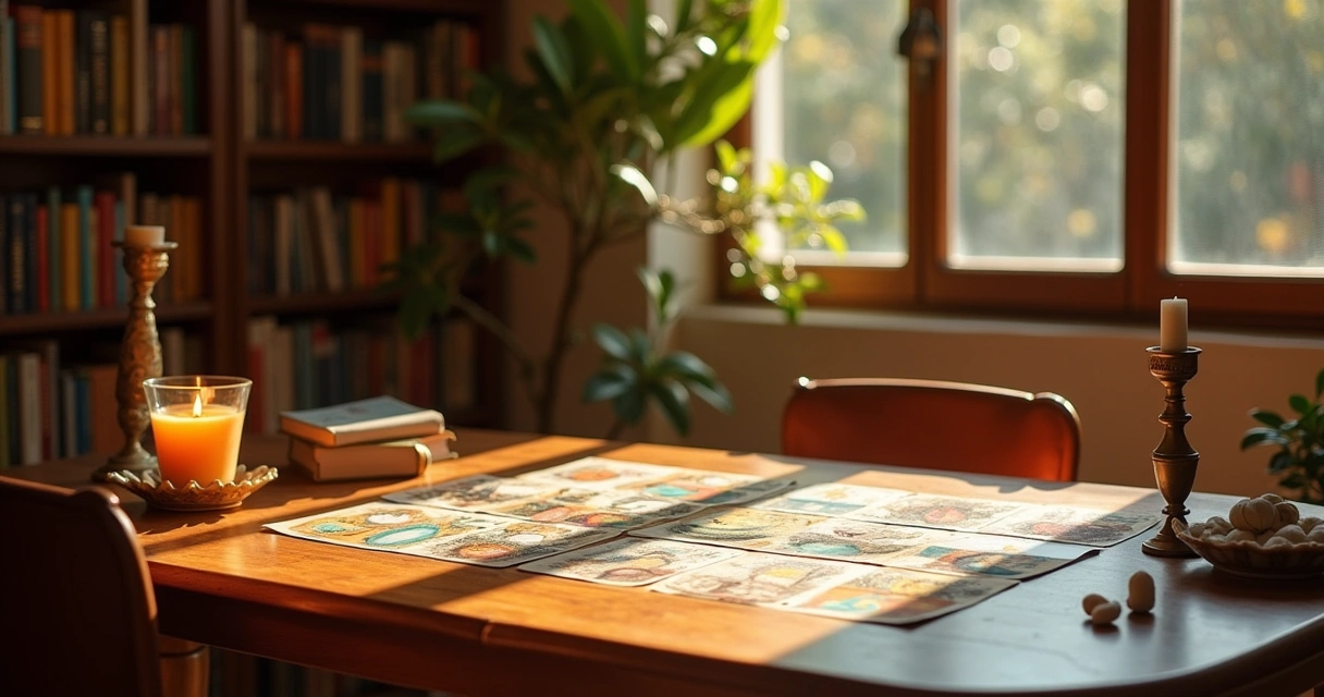 Ambiente calmo com mesa de madeira, cartas de oráculo, diário, caneta e luz de vela.