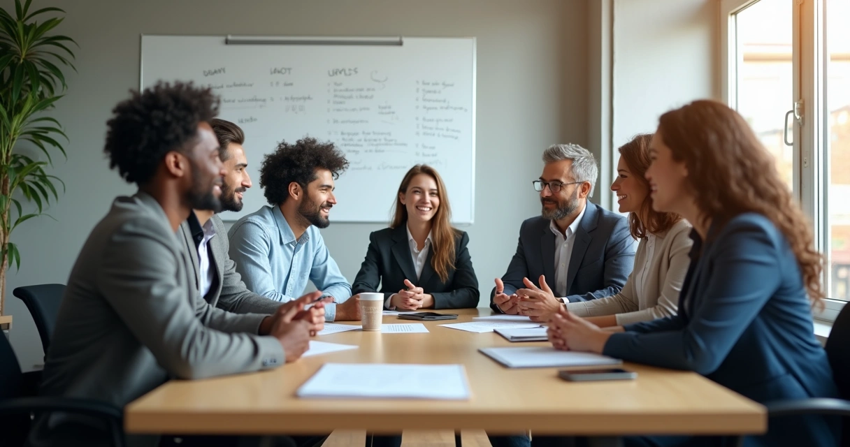 Equipe reunida em uma sala moderna, quadro branco e clima de diálogo. 