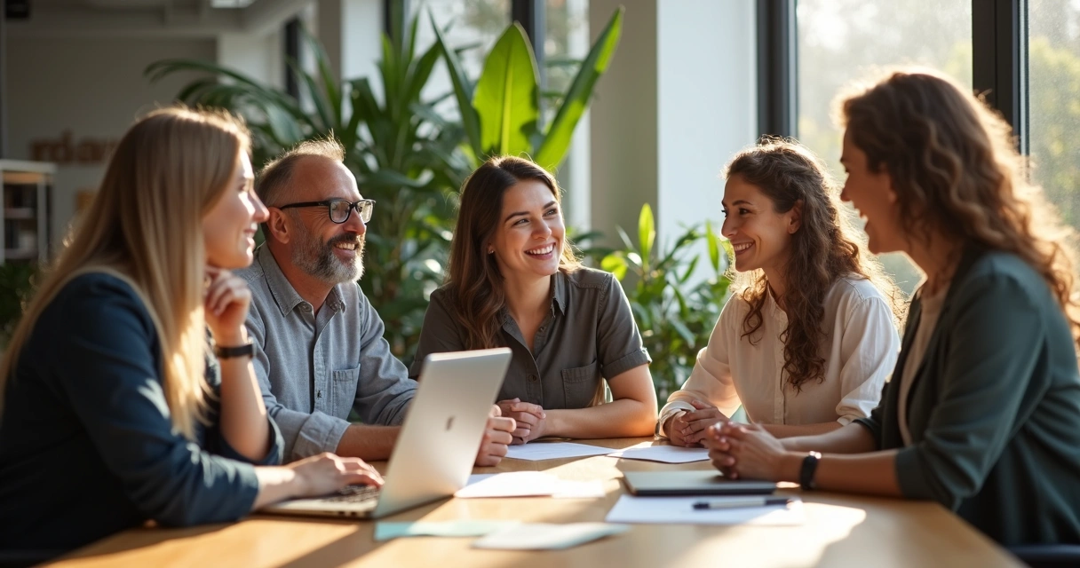 Equipe de trabalho reunida em ambiente organizacional. 