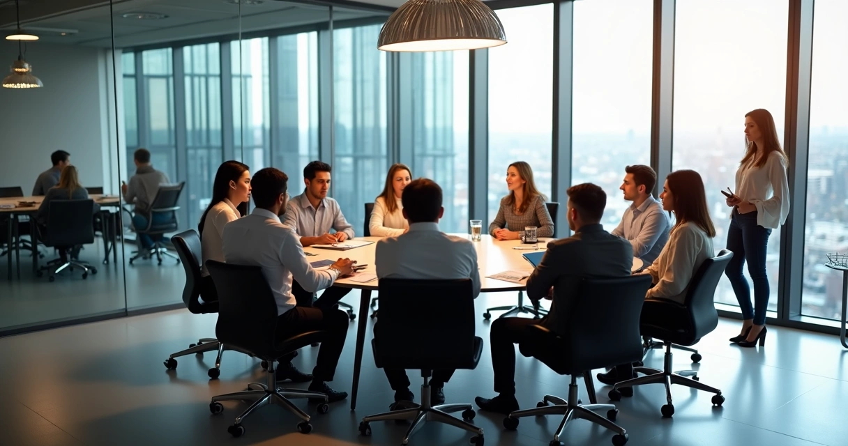 Grupo de profissionais em uma sala de reunião, trabalhando juntos 