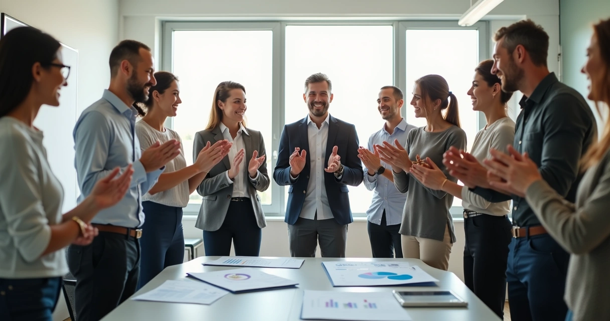 Equipe celebrando conquista em empresa, com luz natural e expressando felicidade coletiva