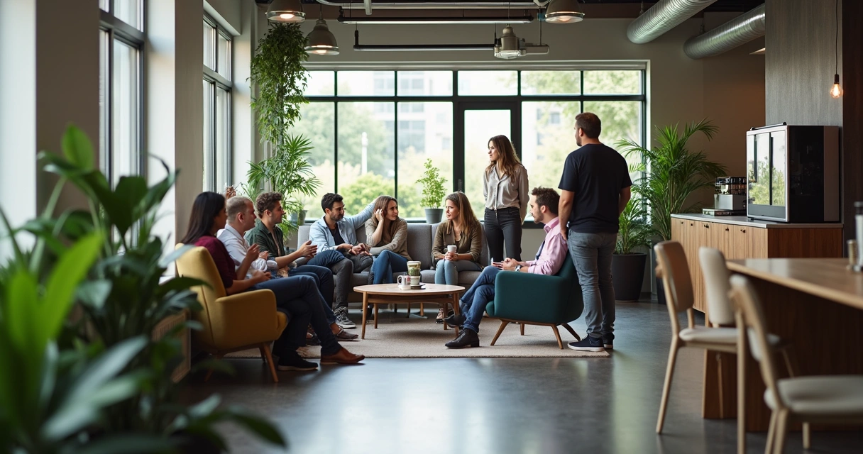 Espaço de trabalho com pessoas conversando em área de descanso 