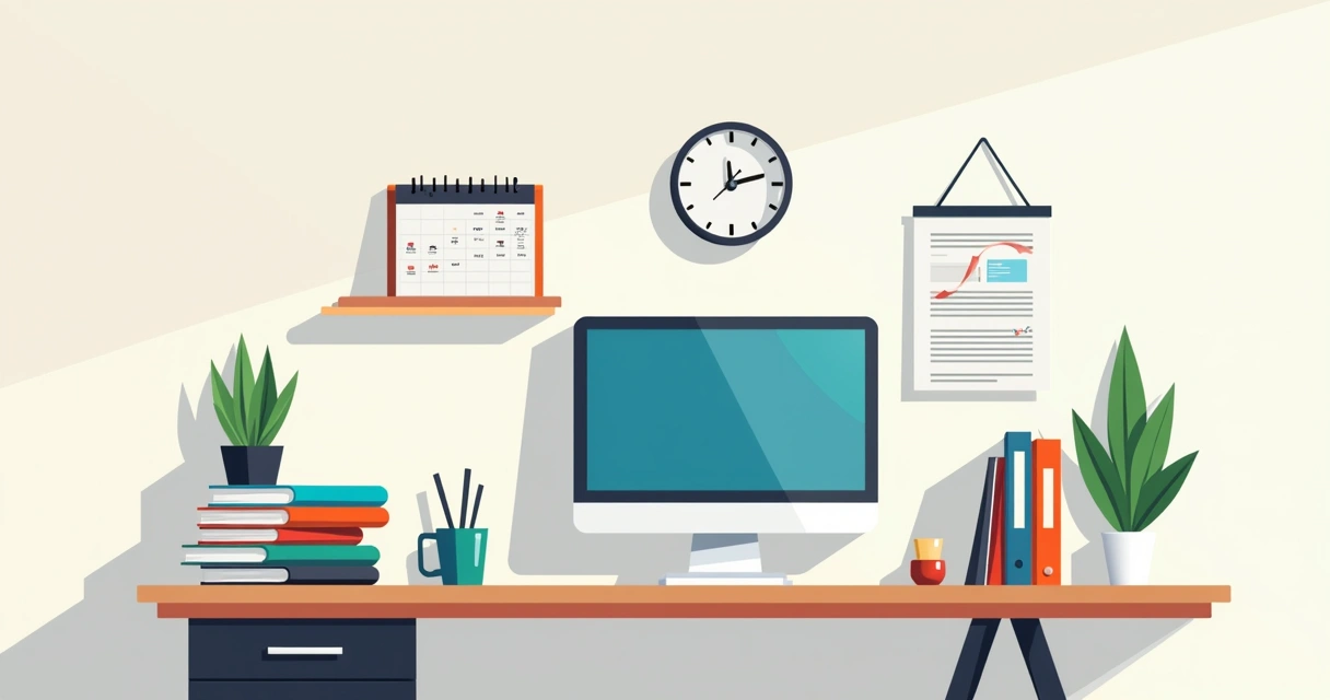 Estação de trabalho limpa e organizada com mesa, computador e materiais 