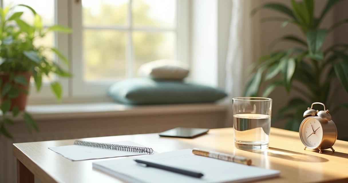 Mesa organizada com água, agenda e espaço calmo para rotina de mudança 