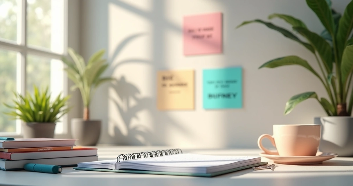 Ambiente de trabalho organizado com livros, plantas e luz natural