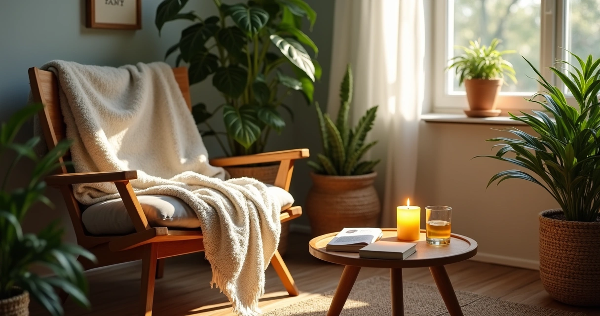 Ambiente arrumado para meditação com manta, plantas e vela perfumada 