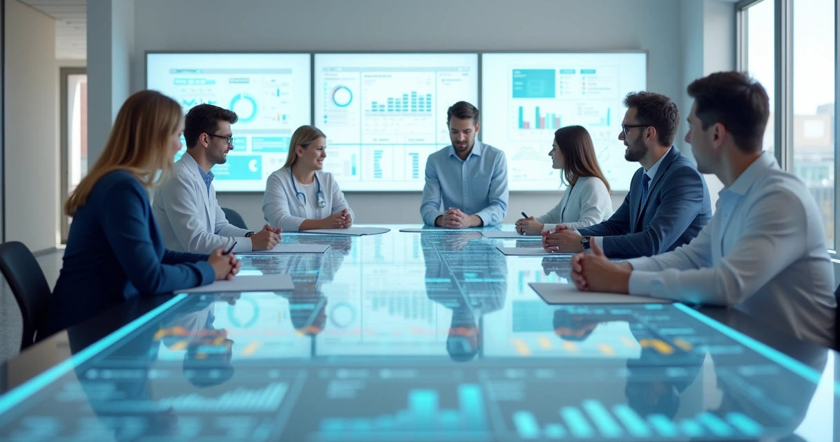 Equipe de gestão clínica analisando gráficos e parcerias. 