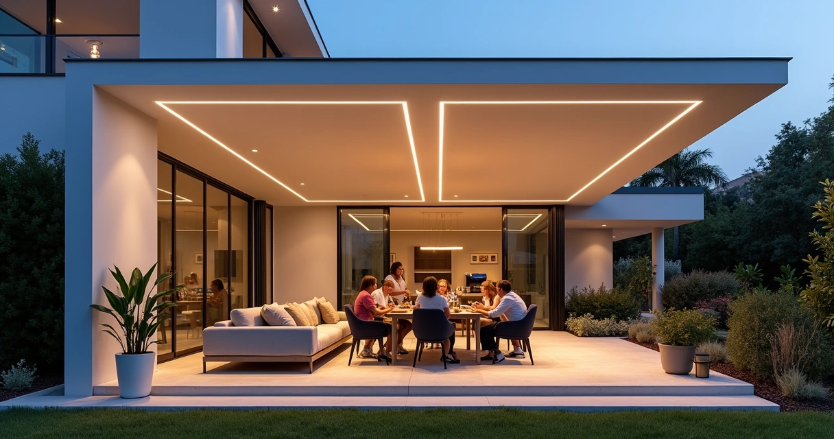 Pérgula moderna iluminada com fitas de LED recebendo pessoas para reunião noturna 