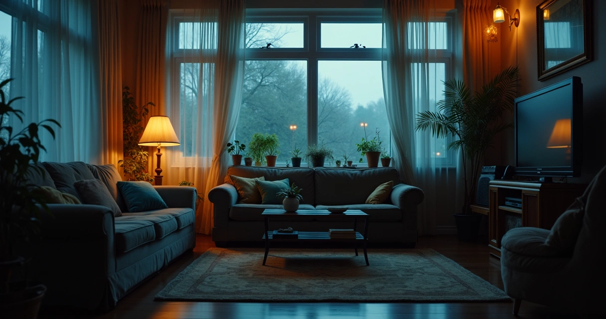 Sala de estar com luz baixa e clima pesado, parece opressivo 