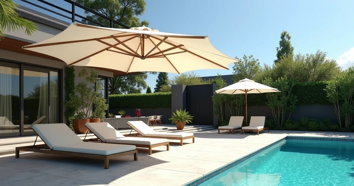 Ombrelone branco cobrindo área externa de piscina moderna 