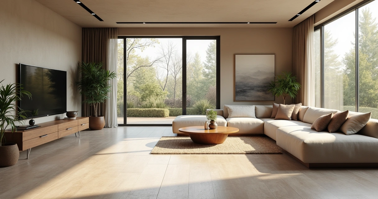 Sala de estar com porcelanato Decortiles em grande formato e decoração sofisticada 