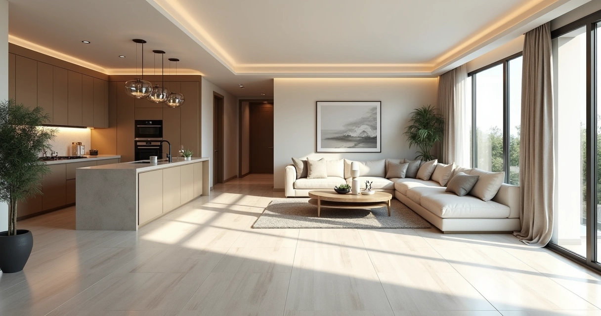 Sala ampla com porcelanato técnico em tom claro