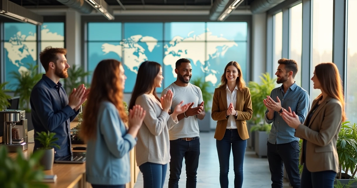 Ambiente de trabalho positivo com equipe celebrando juntos 