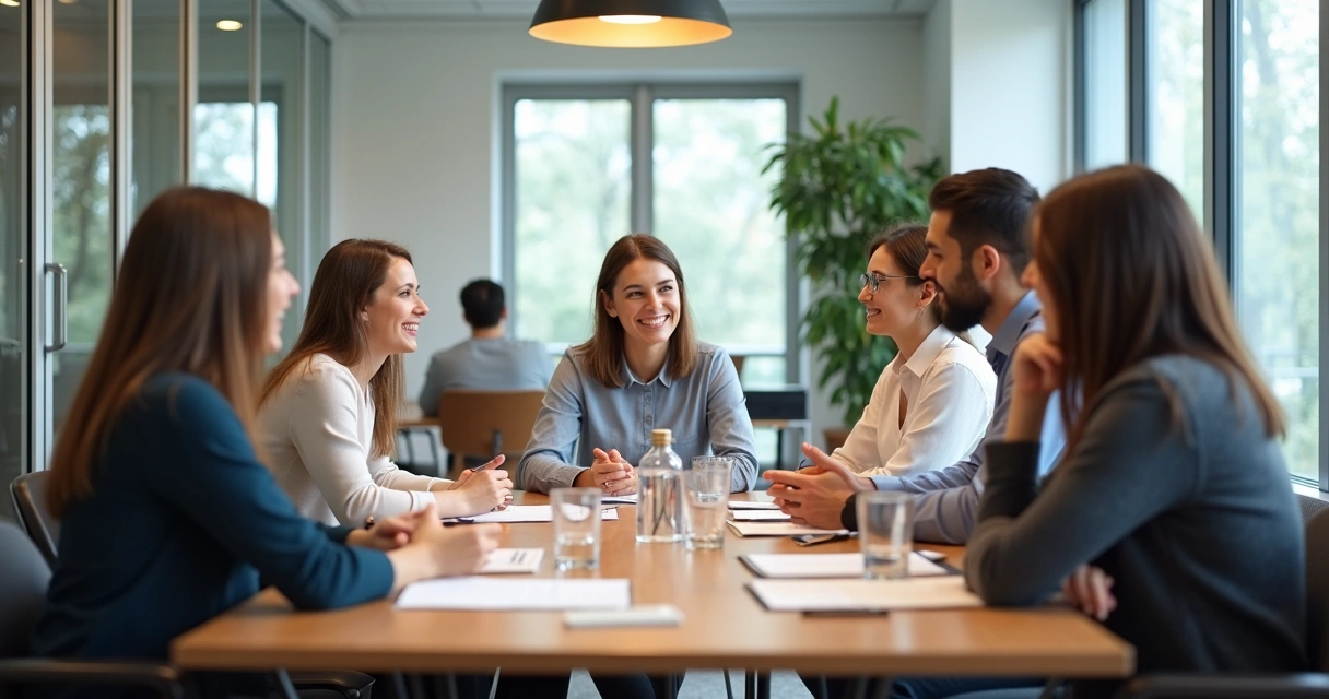 Grupo em reunião sentados ao redor de uma mesa com clima colaborativo 