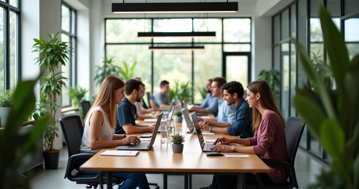 Sala de empresa com pessoas trabalhando sorrindo e interagindo 