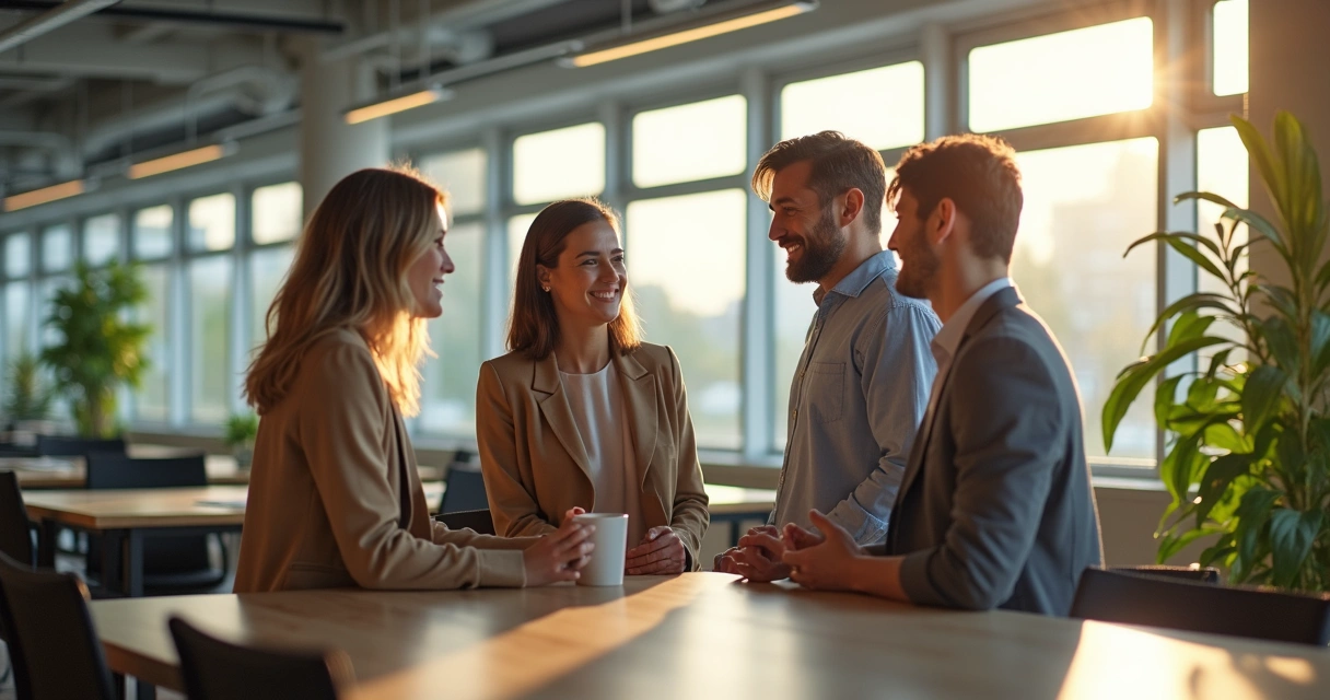Ambiente de trabalho moderno, pessoas sorrindo, conversando em pé ao redor de mesa, luz natural entrando pela janela. 