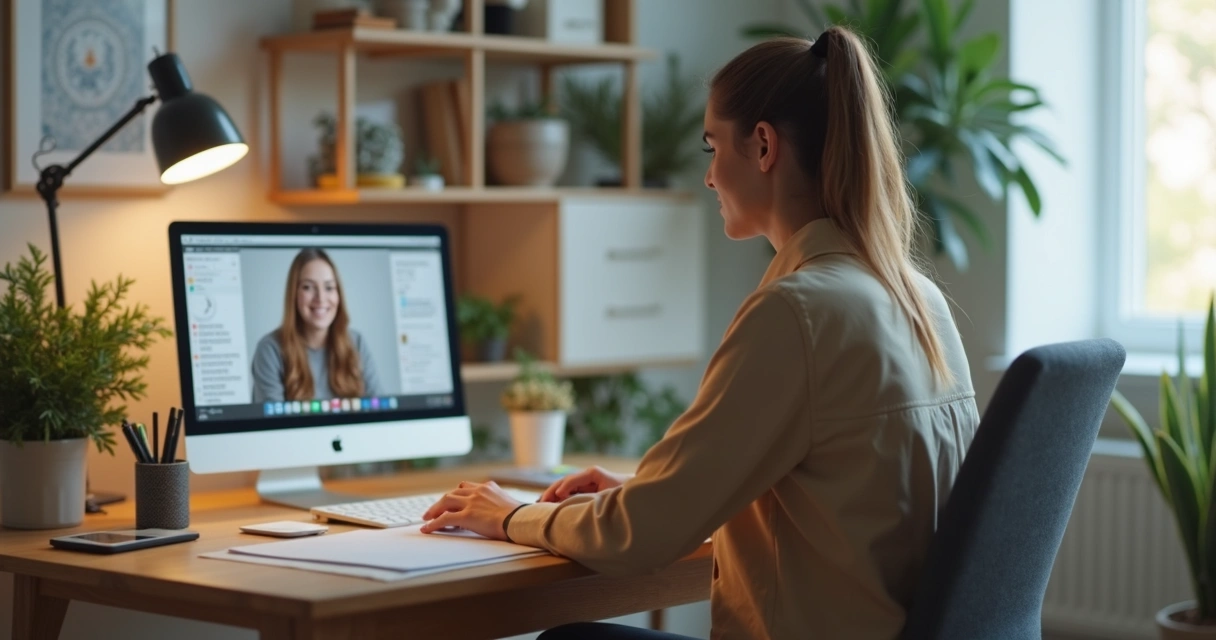 Pessoa preparada em ambiente de videoconferência organizado 