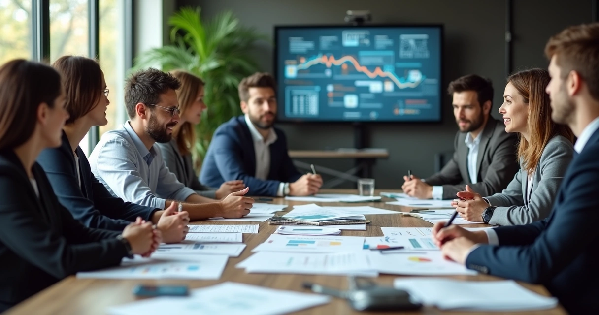 Grupo de pessoas reunidas em sala de reunião com expressão tranquila mesmo diante de gráficos e dados complexos 