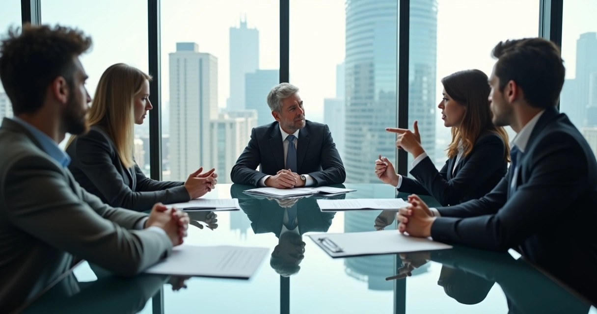 Reunião em escritório moderno, pessoas sentadas à mesa com expressões sérias e gestos de conflito 