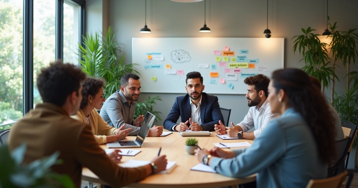 Equipe diversa reunida em escritório moderno em clima de colaboração 