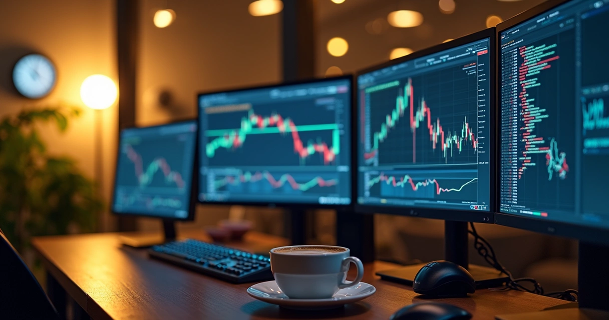 Estação com múltiplos monitores exibindo gráficos de programação em plataformas de trading 