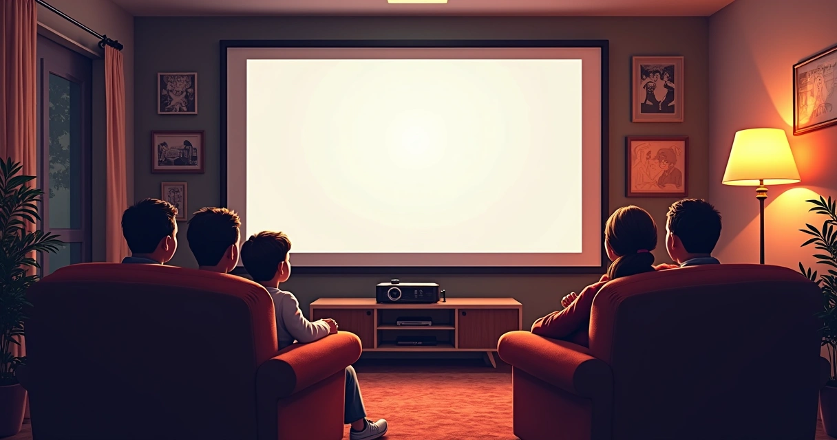 Sala de estar retro com projetor transmitindo filme clássico na parede 