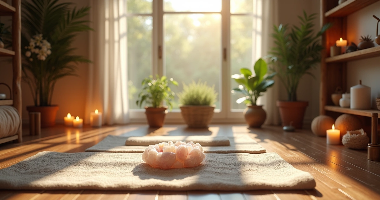 Sala com luz suave, cristais e elementos esotéricos para Reiki 