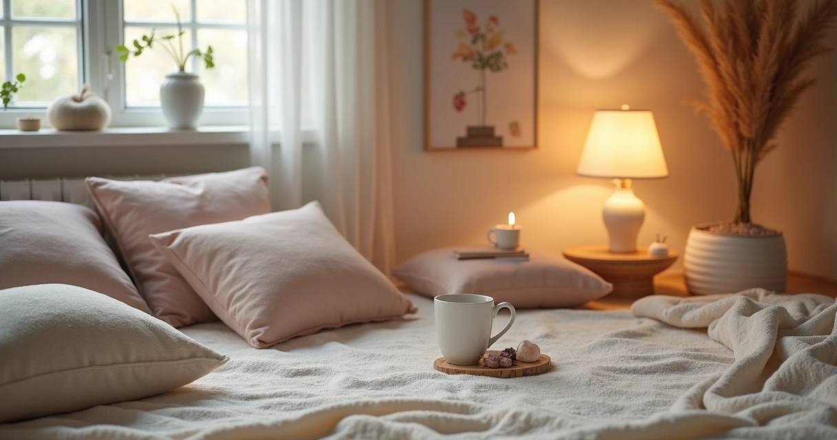 Ambiente calmo com almofadas e luz suave para reiki 