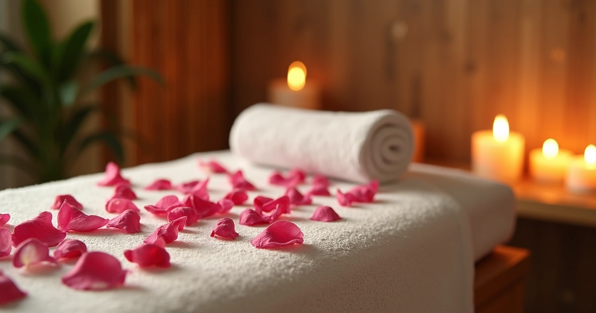 Ambiente relaxante com velas acesas, pétalas de flores e toalha macia para massagem 