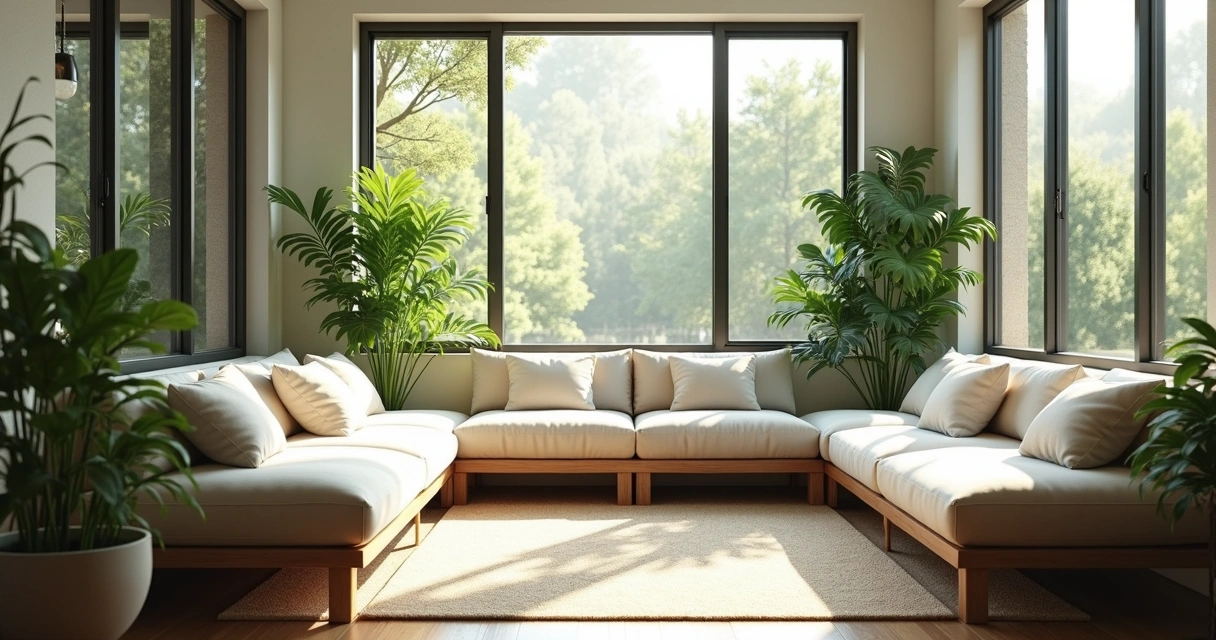 Ambiente relaxante com plantas, luz natural e almofadas, ambiente de bem-estar 