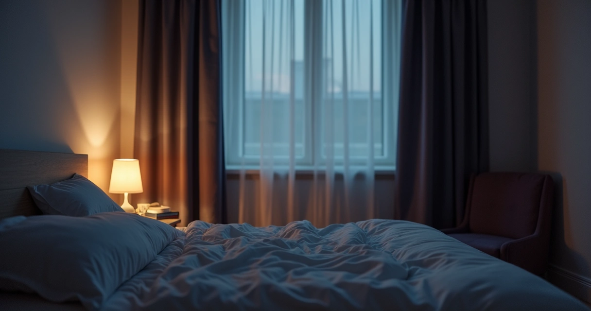 Quarto escuro com cama organizada e iluminação suave 