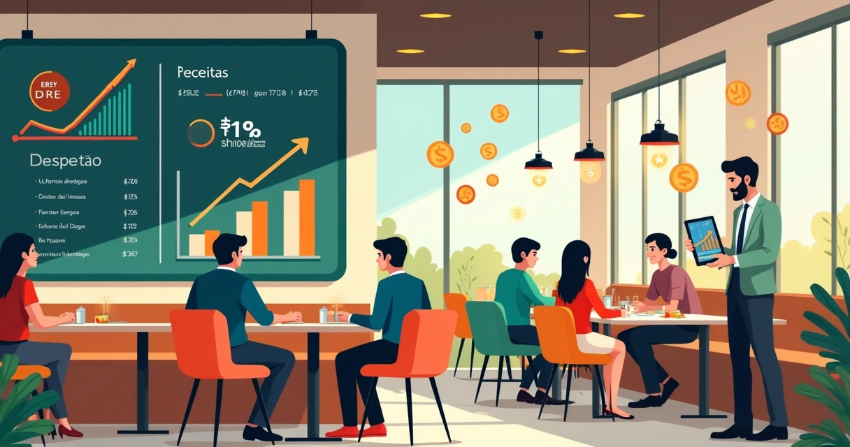 Ambiente de restaurante com um quadro de DRE e gráfico de receitas e despesas.