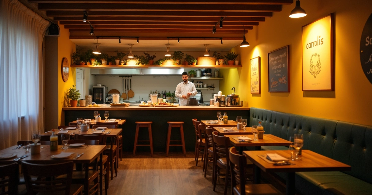 Balcão de restaurante pequeno com cardápio enxuto na parede