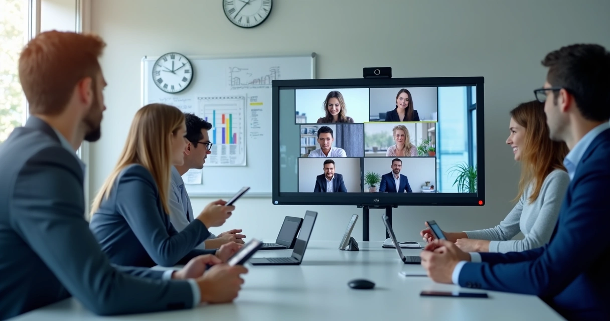 Equipe reunida em sala virtual com telas abertas e ambiente moderno 