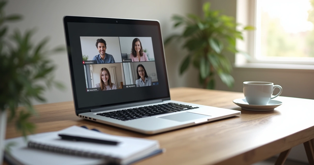 Mesa de trabalho organizada para reunião online, com bloco de notas, caneta e uma xícara de café 