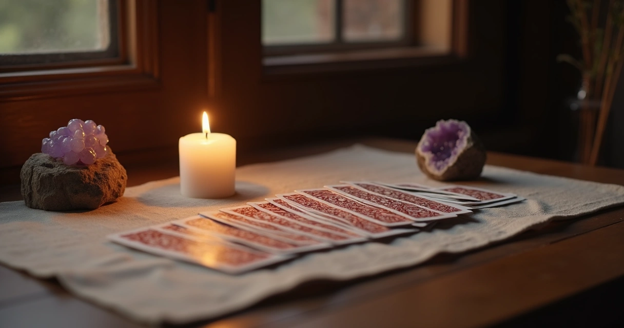 Mesa preparada para leitura de baralho, com vela acesa e cartas distribuídas 