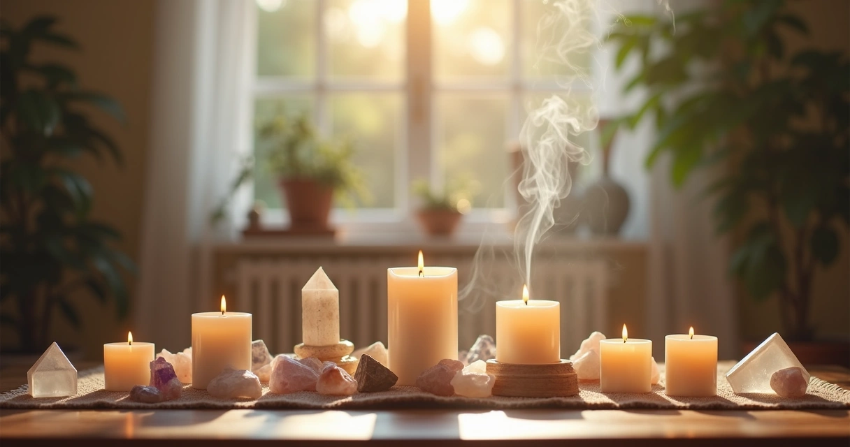 Ambiente de ritual limpo com velas e cristais em mesa de madeira