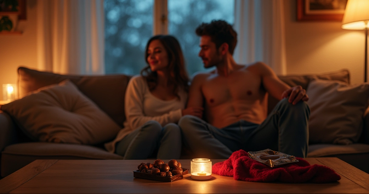 Casal sentado confortavelmente com uma terceira pessoa juntos numa sala elegante, iluminação suave e clima íntimo