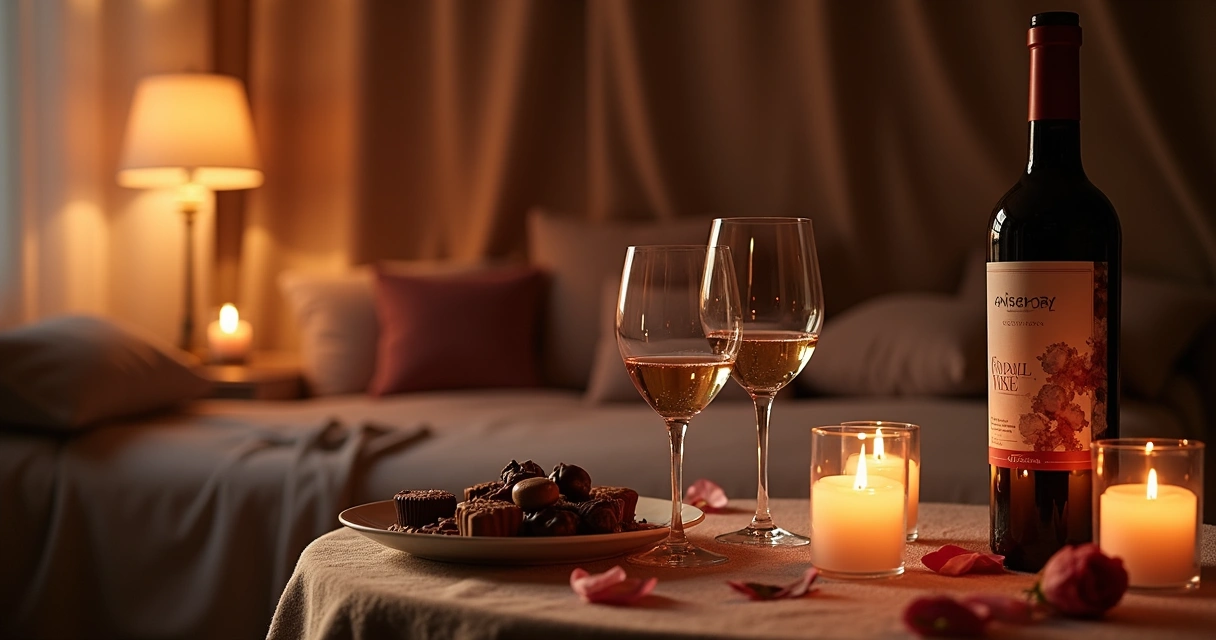 Ambiente romântico com chocolates e acessórios sensuais 