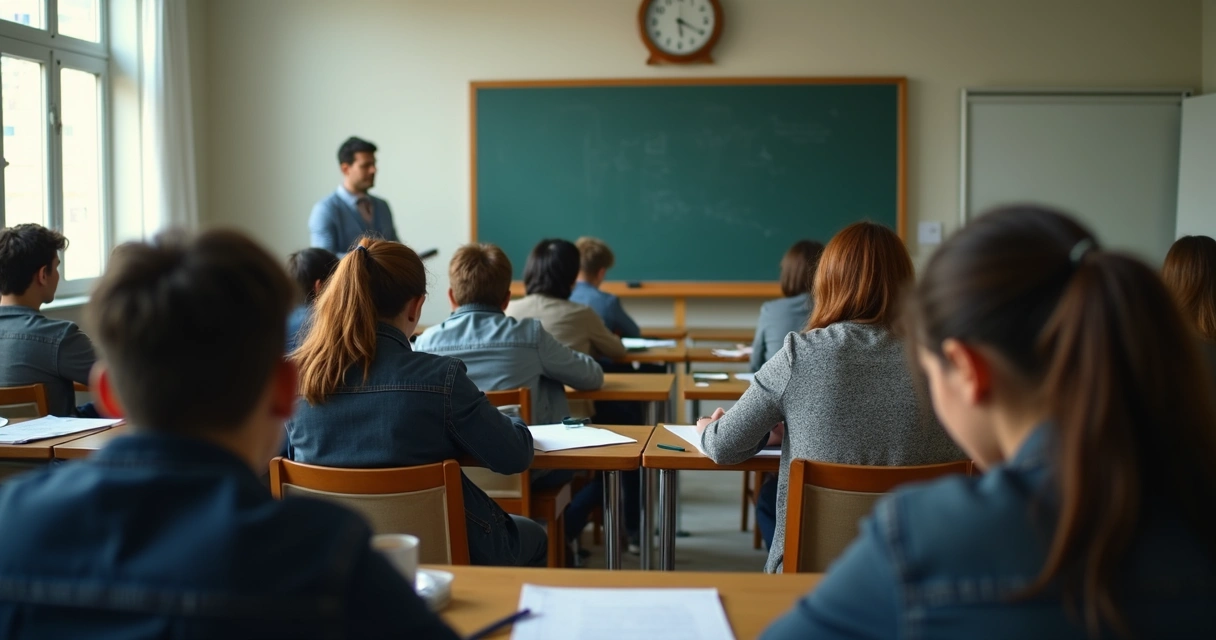 Estudantes sentados em sala de prova prontos para começar 