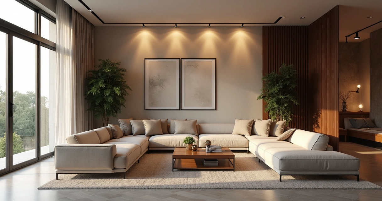 Sala de estar com luminárias pendentes, spots e iluminação indireta moderna 