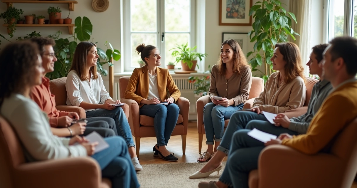 Grupo de pessoas conversando em círculo em um ambiente acolhedor 