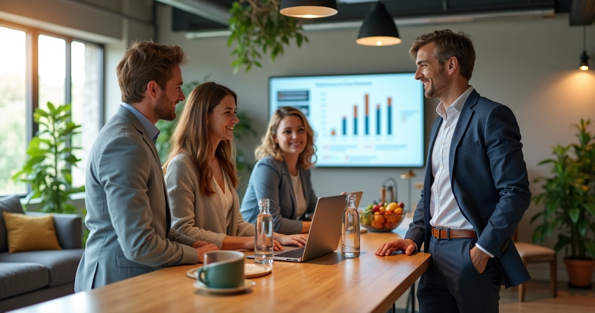 Equipe de vendas em pequena empresa colaborando em espaço de trabalho saudável e moderno 